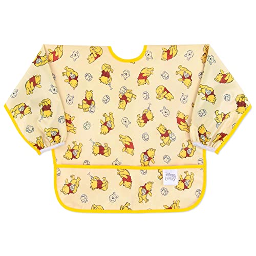 Image of Bumkins Disney Sleeved Bib for Girl or Boy, Baby and Toddler for 6-24 Mos, Essential Must Have for Eating, Feeding, Baby Led Weaning, Long Sleeve Mess Saving Food Catcher, Winnie the Pooh Hunny