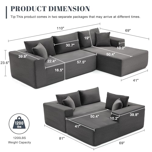 110” Cloud Sectional Couch, Boneless Sofa for Living Room, Modular Sectional Sofa with Deep Seat, Fluffy Couch with L-Shaped Chaise, No Assembly Required (Right-Facing Chaise, Dark Grey)