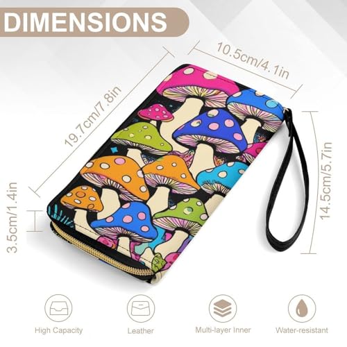 Travel Slim Wallet for Women, Large Capacity Credit Card Holder Neon Mushrooms Pattern Colorful Purse Pu Leather Waterproof Long Wallet2