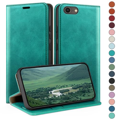 Coque pour iPhone SE 2022 HUOUH en cuir bleu vert avec fentes cartes
