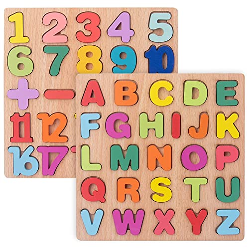 Kidology Wooden Montessori Board Alphabet Puzzle Upper Case Letters and Numbers Puzzles Toys for Kids | Preschool Educational Learning Blocks Board Toys for Toddlers Boys & Girls (Pack of 2)