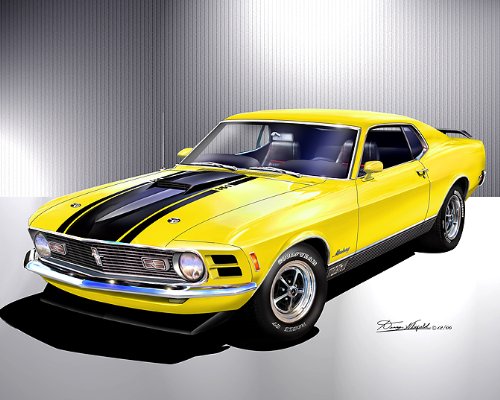 1970 FORD MUSTANG MACH-1 Yellow CAR ART PRINT POSTER - size 14 x 18