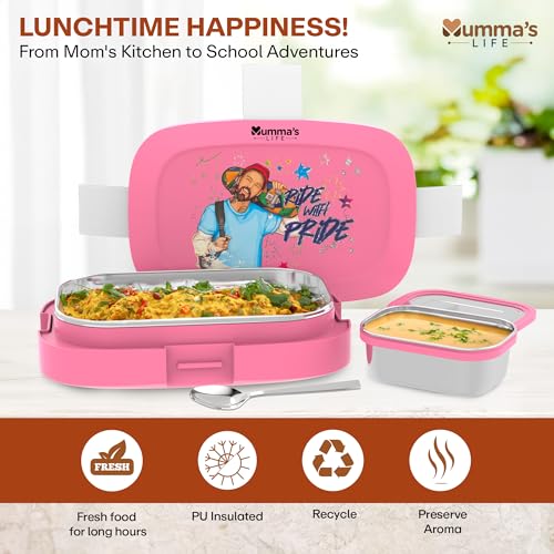 Image of Mumma's LIFE Stainless Steel Tiffin Box with 4 Side Lock Lid, 910 ml and Inner Stainless Steel Container, 135 ml, Food Grade | Air Tight | Easy to Carry | Leak Proof (Tuntun Lunch Box Pink)