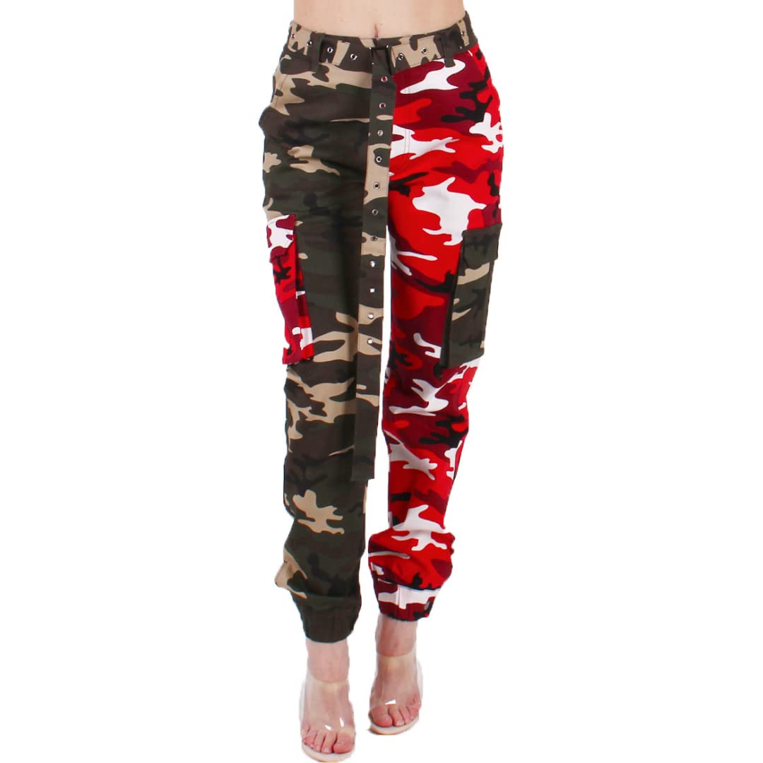 Red Fox Womens High Waist Camouflage Military Cargo Jogger Pants - Army Casual Camo Cargo Stretch Comfy Athletic