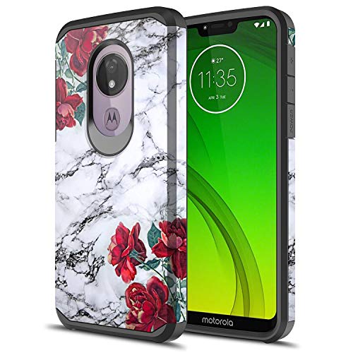 Sofer for Moto G7 Power Case, Moto G7 Supra Case, Hybrid Drop Protection Sleek Slim Dual Layer Shockproof Colorful Graphic Armor Case for LG Moto G7 Power/Supra (Rose White Marble)