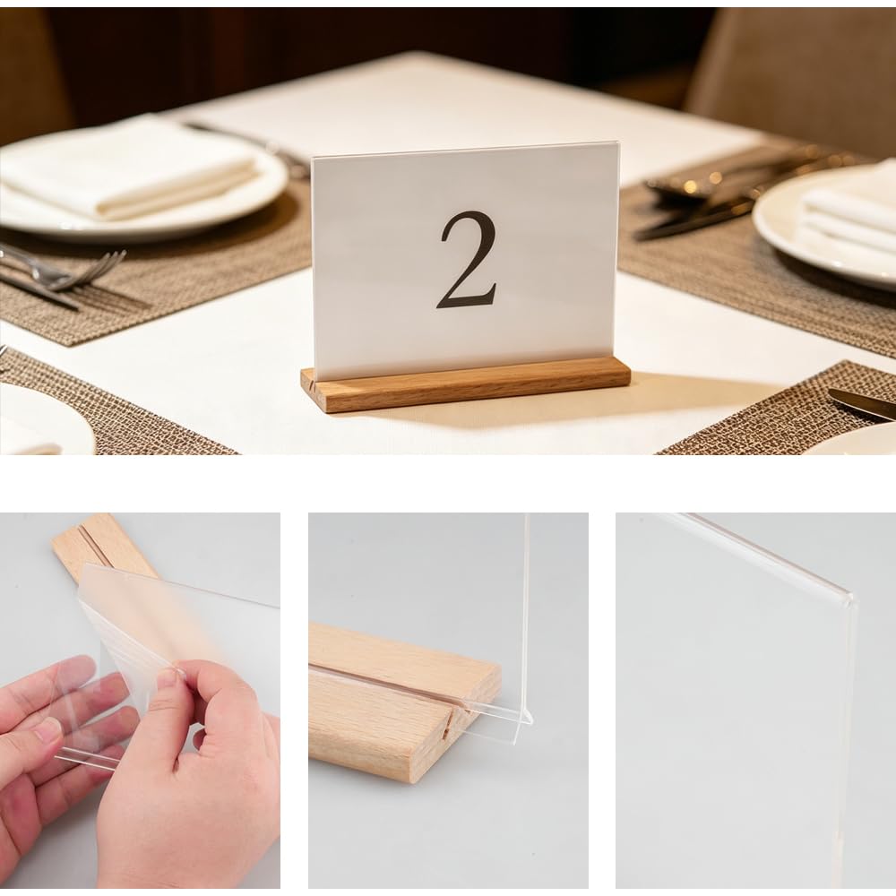 A6 Présentoirs de Table en T 6 pièces Présentoirs de Table A6 en Acrylique Porte Affiche avec Base en Bois Porte pour Restaurant Hôtel école Bureau Conférence