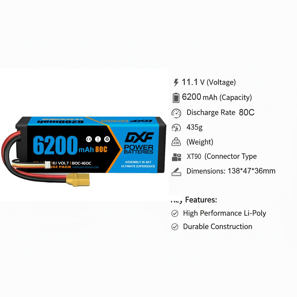 DXF Batteria LiPo 3S 11.1V 6200mAh 80C Spina XT90 Elicottero RC Aereo Multirotore Barca Auto Truck Buggy Alta Capacità Potente Gare Racing Modellismo 1 Pezzo