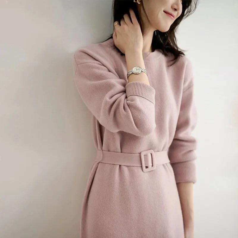 Pohullan Loose Thick O-Neck Women Knitted Dress Belt Sweater Knitwears Long Sleeve Dresses4