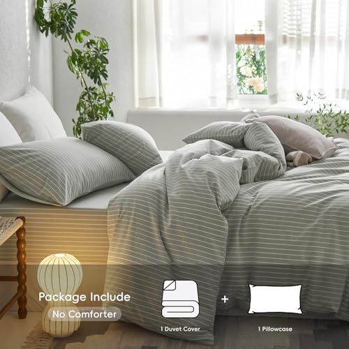 Image of MooMee Striped Duvet Cover Set 100% Washed Cotton Linen Like Twin | Relaxed Linen-like Texture. Soft, Breathable & Long-lasting Comfort. Lightweight. Hidden Zipper with 8 Interior Corner Ties