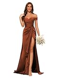 Women&apos;s Off Shoulder Mermaid Bridesmaid Dresses with Slit Long Satin Prom Dresses CYM270