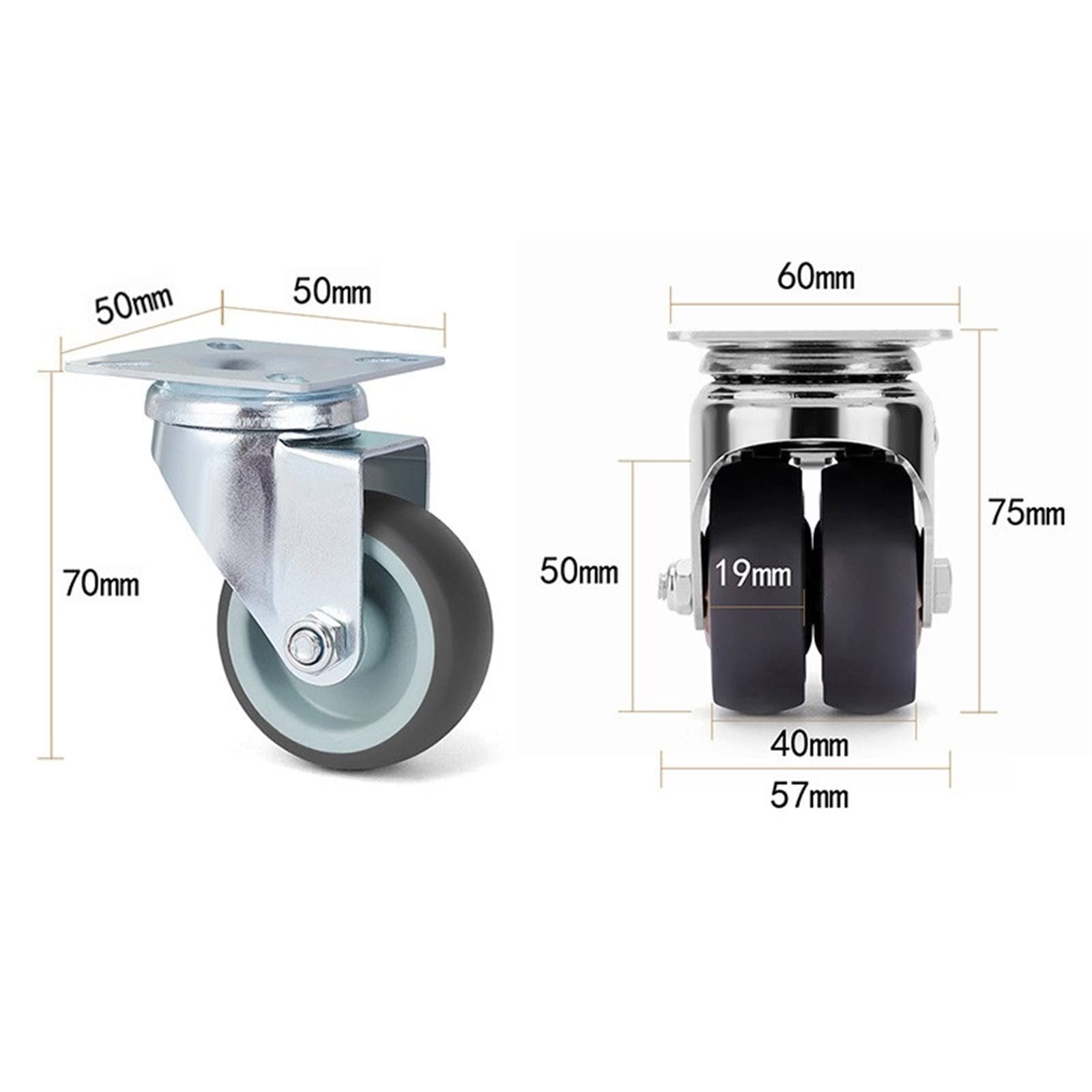 4 kółka Casters 2 cale Heavy Duty Swivel miękka gumowa hulajnoga z hamulcem (4 szt. bez hamulca)