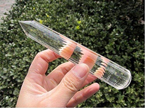 FRYSKYNatural Crystal Rough Long Vogel Style Clear Natural Quartz Crystal 24 Sided Point 196g Round Bottom