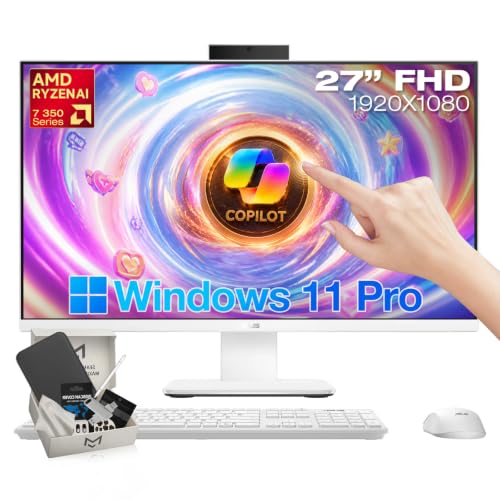 Image of ASUS 27 inch Touchscreen All-in-One Desktop, AMD Ryzen AI 7 350, Copilot+ AI PC | 32GB DDR5 RAM, 2TB SSD, 27 inch IPS FHD Display, AMD Radeon 860M, Wi-Fi 6, Windows 11 Pro, Wireless Keyboard and Mouse Combo