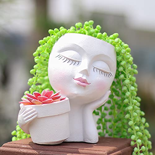 Timchaser Face Plant Pot, Double Flower Pots For Indoor Outdoor Plants, Resin Succulent Pots With Drainage Hole Unique Cute Lady Face Plant Pots Closed Eyes #TOP2