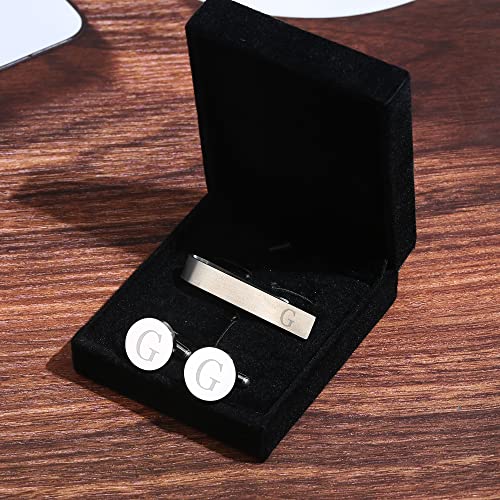 Image of LOYALLOOK Initial Cufflinks and Tie Clip Set for Men Silver Personalized Cuff links and Tie Bar Letter Alphabet A-Z Gift for Father Husband Valentine Gifts for Men