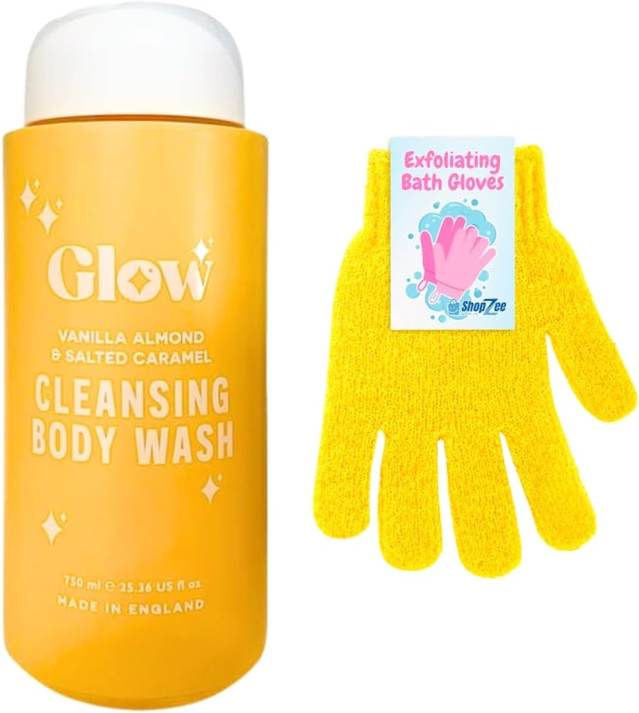 Glow Cleansing Body Wash 750ml and ShopZee Exfoliating Bath Gloves Set | Gel-Based Shower and Bath Formula | Exfoliated, Hydrated, Glowing Skin | Made in the UK (Vanilla Almond & Salted Caramel)