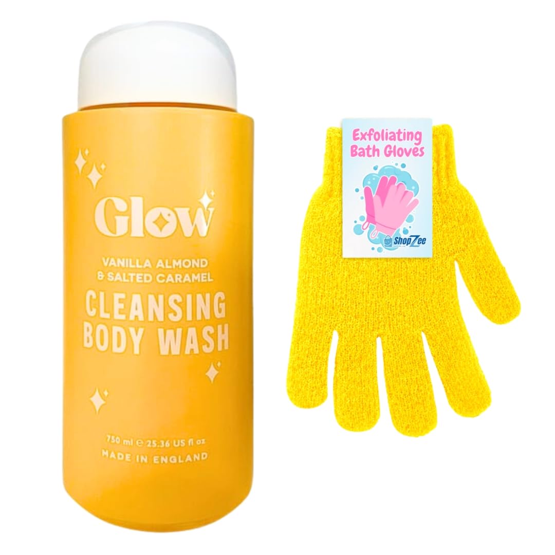 Glow Cleansing Body Wash 750ml and ShopZee Exfoliating Bath Gloves Set | Gel-Based Shower and Bath Formula | Exfoliated, Hydrated, Glowing Skin | Made in the UK (Vanilla Almond & Salted Caramel)