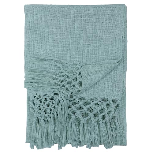 Image of HAKAM Cotton Throw Blanket with Macrame Tassels for 3 Seater Sofa | Ideal for Your Home, Living Room, Sofa, Bed, Chair, Picnic & Used for Gift - 50X70 inch (Light Blue, Single)
