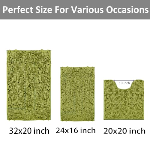 Image of Lime Green Bathroom Rug Set - Extra Soft 3 Piece Anti-Slip Bath Mats, Plush Chenille Shaggy Mat for Living Room, Bedroom, Floor - Water Absorbent Soft Rug