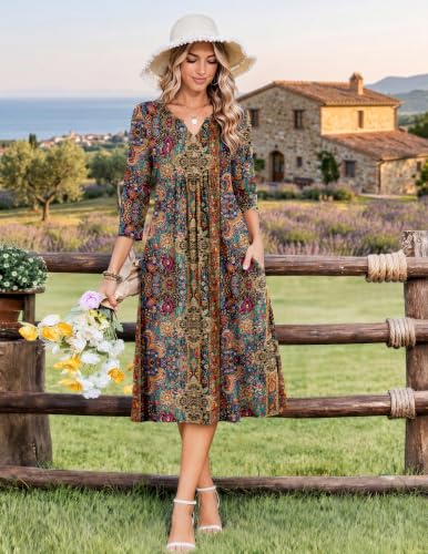 Image of Zeagoo Womens Dresses 3 /4 Sleeve Casual Fall A Line Midi Dress with Pockets