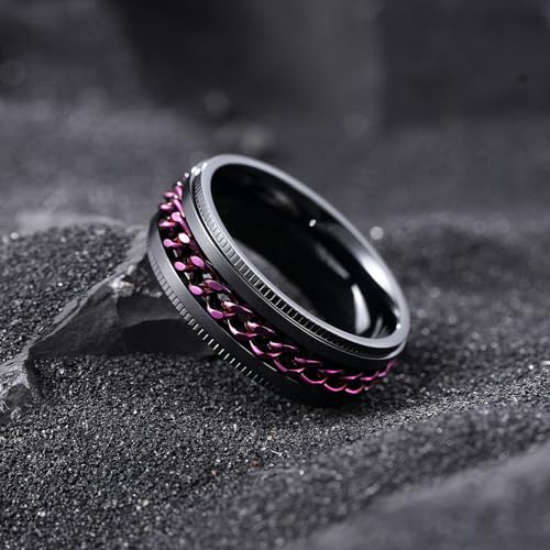Bague anti-stress en acier inoxydable noir avec chaîne violette 8mm