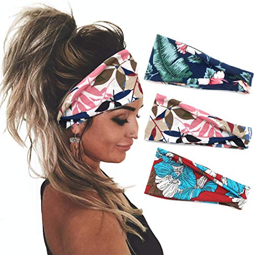 Unicra Boho Cross Headband Elastic Floral Printed Hair Band Turban Head Wrap for Women and Girls (Flower-3 Pack)
