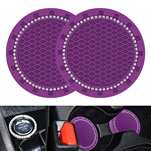 iSaddle Bling Car Cup Holder Insert Coaster for Women's Auto Interior Accessories & Crystal Rhinestone Ring for Engine Ignition Button - Glitter Shining Girl's Vehicle Decoration(2.75"/Royal Purple)