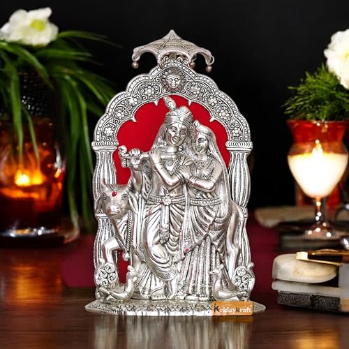 Image of KridayKraft Metal Radha Krishna Idol with Cow Decorative Showpiece Statue for Puja Room Home Office Desk Gift Items Ornate Metal Sculpture of Hindu Deities (Silver, Height 33 CM)