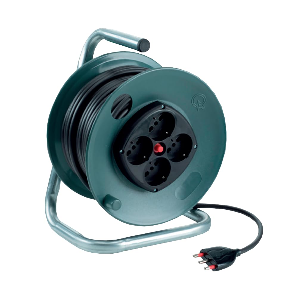 Avvolgicavo con spina 16A e 4 prese bipasso/schuko 10A/16A, 3500W, cavo 25 metri, grigio, serie Ecologica - Rosi CR14254RK
