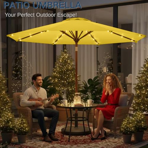 Image of 9' Solar LED Patio Umbrella with Tilt & Crank|8 Sturdy Ribs,UV Protection,Outdoor Market Table Umbrella for Deck,Lawn,Pool,Backyard(Yellow)