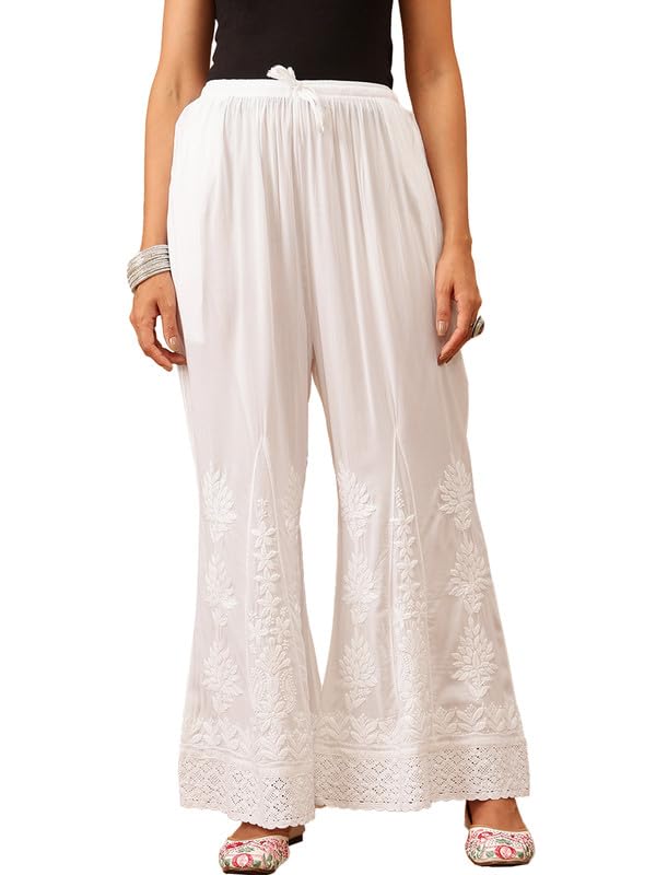ada Women's Flare Fit Mid Rise Hand Embroidered Lucknow Chikankari Modal Flared Palazzo Pant Culottes A711189-picture-40