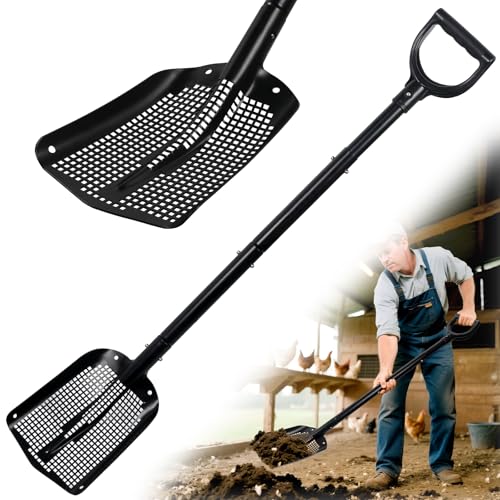 Heavy Duty Sifting Shovel with Adjustable Handle (26-48) Metal Sand Sifter Scoop with D-Grip for Chicken Coop Beach Farm Goat Stall & Garden Poop Cleaning Durable Mesh Design