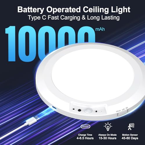 Image of Yunaking 2 Pack Rechargeable Ceiling Light with Motion Sensor: Battery Operated LED Closet Light with Remote & Timing - Wireless Dimmable Magnetic Mount Shower Lamp for Bathroom /Stairs /Garage /Hallway