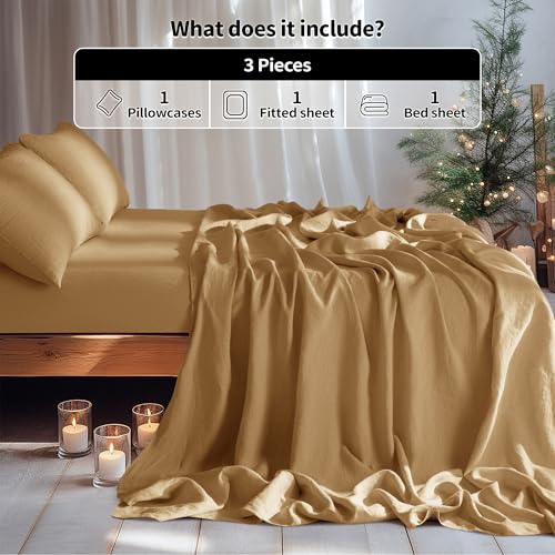 Image of LBRO2M 100% French Pure Linen Sheet Set 3Pcs, 16 inch Deep Pocket Twin