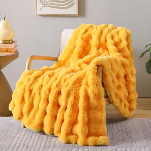 Smoofy Faux Fur Throw Blanket for Couch – Mustard Yellow Fluffy Cozy Rabbit Fleece, Plush Soft Bubble Blanket for Sofa & Bed, for Mom, Warm Fuzzy Home Room Decor Throw 50" x 60"