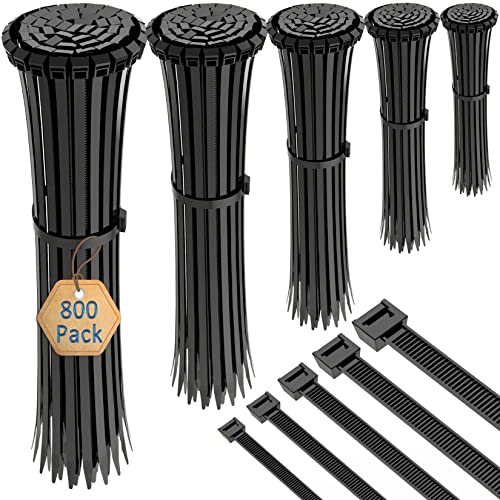 Bridas Plastico Negras 800 Piezas 300mm / 250/200/150/ 100mm Brida para Cables de Alta Resistencia, Resistentes A Los Rayos UV Bridas Negra de Nylon Con Cierre Automático para Gestión Cables, Jardín Cover