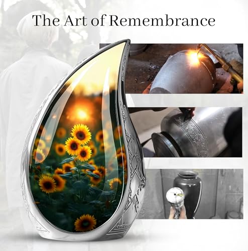 Image of Sunset Sunflower Urns for Human Ashes - Teardrop Urn for Human Ashes Adult - Yellow Sunflower Urn for Adult Male and Female - Cremation Urns for Men and Women 10inch