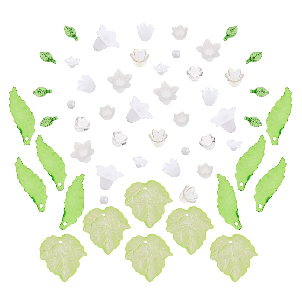 Hobbspring 460pcs Acrylic Flower Leaf Caps Beads Charms 7 Styles Flower and 3 Styles Leaf Transparent Floral Leaf Caps Spacer Bead Acrylic Bell Beads Kit for DIY Bracelet Necklace Jewelry Making