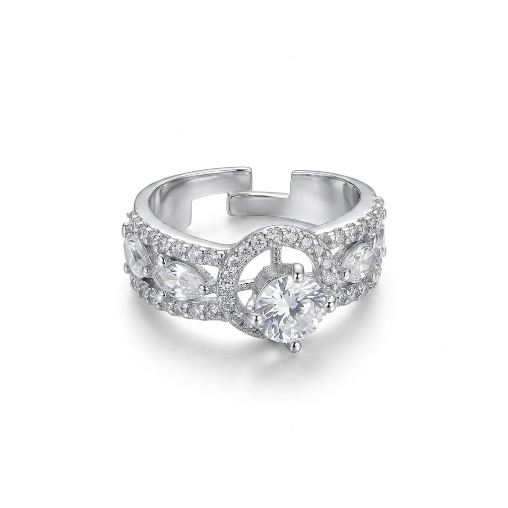 Silver Plated American Diamond Finger Ring for Women | Adjustable Floral Cocktail Ring | Elegant Statement Party, Wedding, Reception Jewellery for Girls & Women-image-43