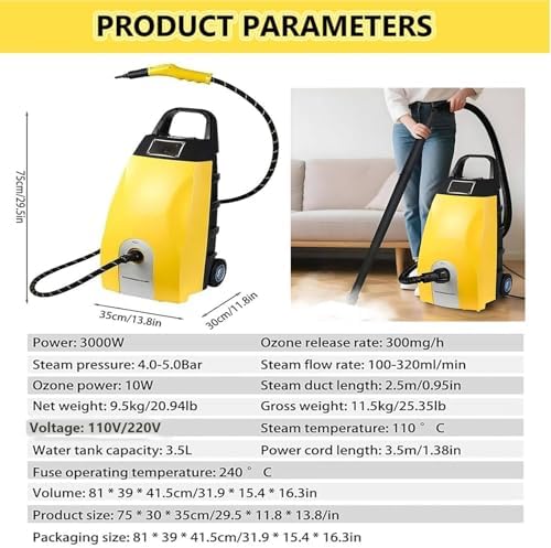 3000W High-Pressure Commercial Steam Cleaner - Portable 3.5L Steam Engine for Kitchen Grease, Carpets, Home & Car Washing, AC Cleaning with Accessories (Yellow)