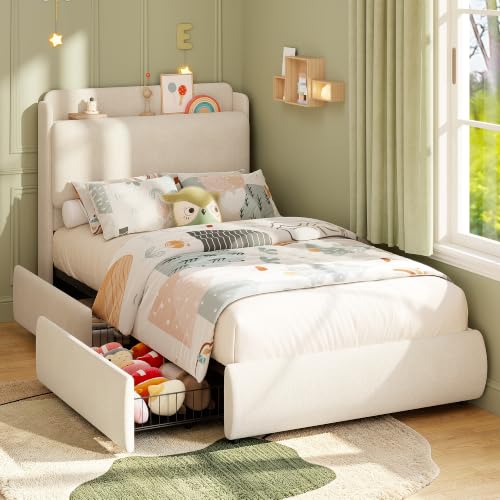 Image of Garvee Twin Size Bed Frame with Shelf & Drawers for Kids- Beige