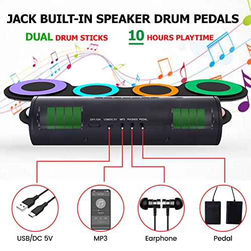Oirtmiu Portable Electronic Drum Set Roll-Up Drum Practice 7 Pads Drum Kit Built-In Speaker With Headphones Drum Pedals Drum Sticks 10 Hours Playtime, Great Holiday Birthday Gift For Kids(Rainbow) #TOP1