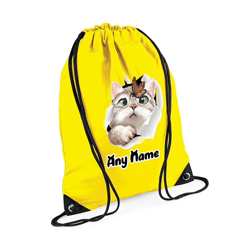 Personalised Butterfly on Cat face Hidden Cat Funny Kitten Cat Birthday Gift Drawstring Bag, PE Gym Kit, Swimming Rucksack. (Yellow)
