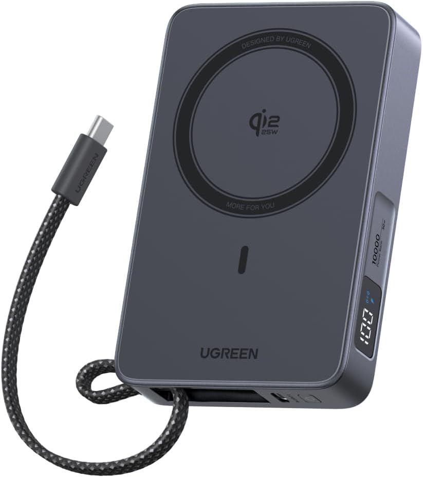 MagFlow 10000mAh Qi2 25W Wireless Power Bank Built-in Cable | Qi2 25W wireless, built-in cable, 30W PD wired. MagSafe compatible. Grey. for iPhone 17/12