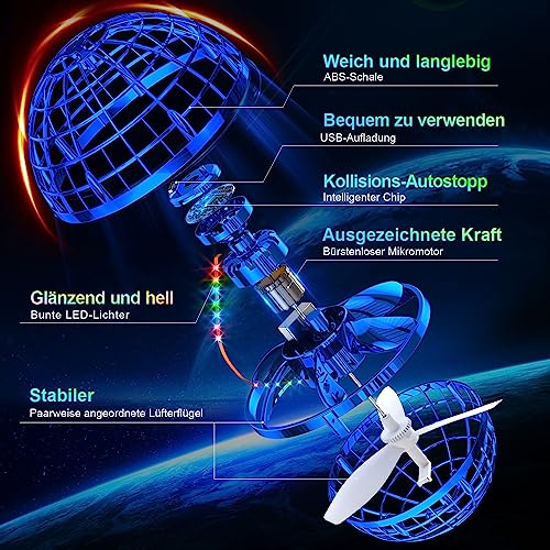 Ivtivfu Fliegender Ball Spielzeug (Blau), LED Flying Spinner, Magic Hover Schwebe Magischer Ball, Bumerang Drohne Toys für Mädchen und Junge, Geschenk für Kinder ab 6, 7, 8, 9, 10, 12 Jahren