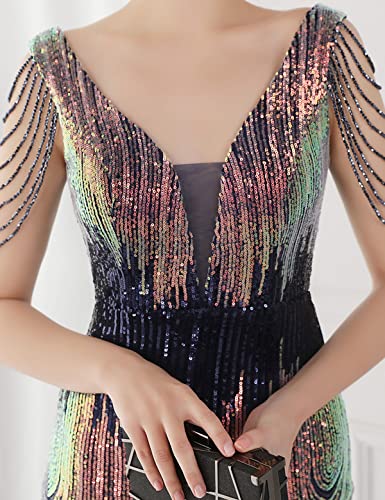 Image of Women 1920s Plus Size Formal Dress Tassels Sleeve Sequins Gatsby Maxi Evening Gown