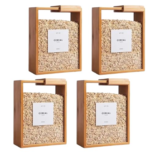 Mskmnkot 4pcs Cereal Dispensers, 9x7x3 Bamboo Wood Storage Containers with Removable Lids for Rice Flour Pasta Snacks, Rice Storage Container