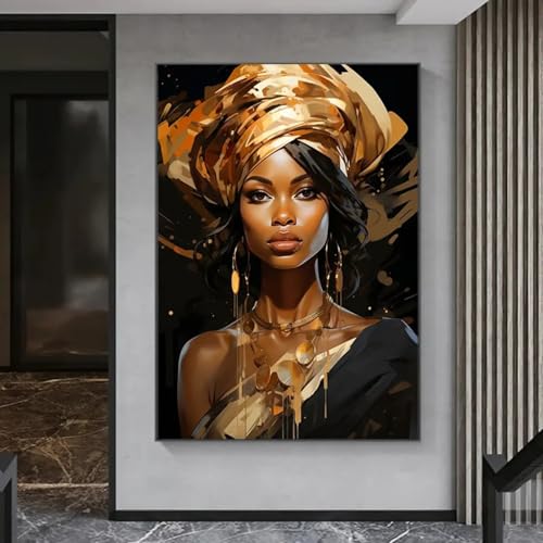 Portrait femme africaine or pour habiller un grand mur blanc de salon