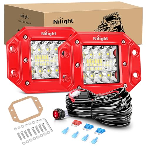 Nilight 2PCS 42W Flush Mount LED Pods Spot Flood Combo Beam with Wiring Harness Kit for Driving Backup Reverse Grill Mounting Light on Off-Road Truck SUV ATV UTV