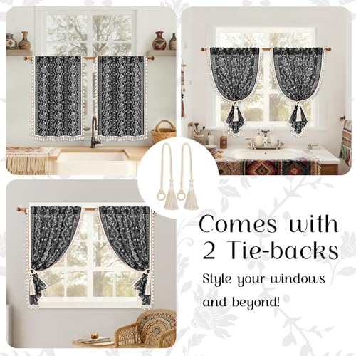 Image of Yinhua Boho Kitchen Curtains 36 Inch Length Vintage Linen Cafe Curtains Light Filtering Bohemian Floral Tier Rod Pocket Farmhouse Rustic Tassel Small Drapes with Tiebacks, 2 Panels, Black